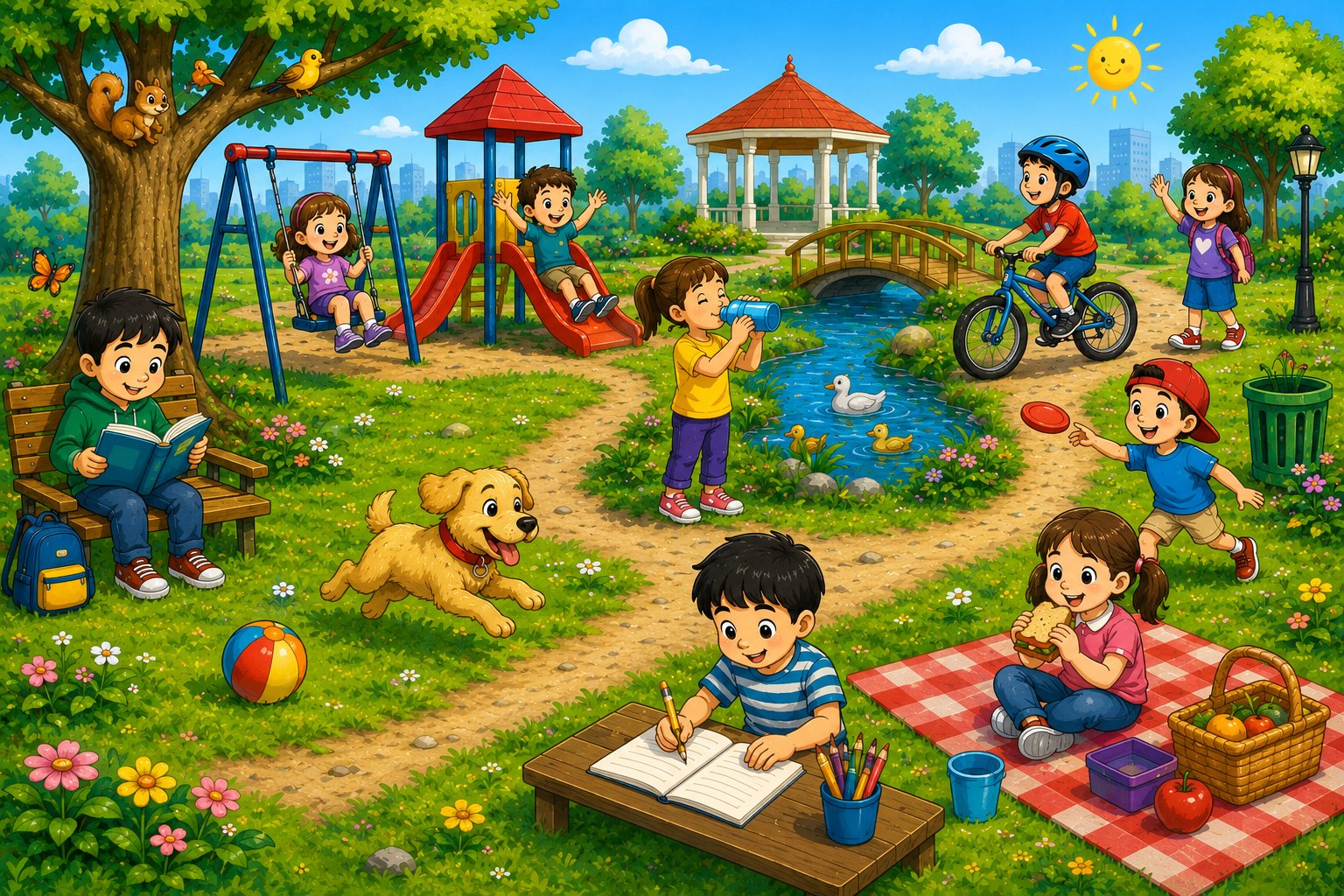 Beginner ESL park actions scene